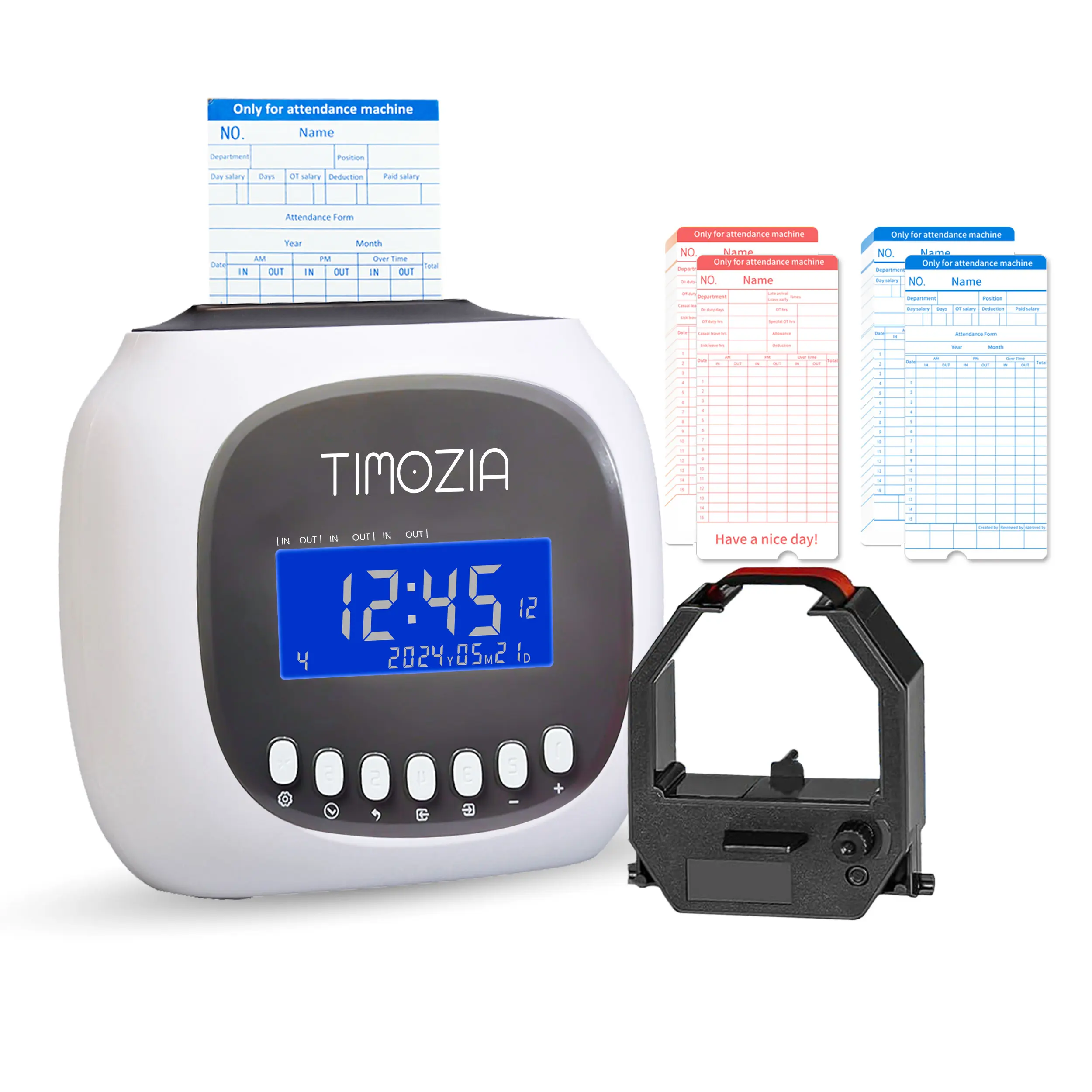 Timozia Punch Card Time Clock for Employees, Auto-Align Attendance Machine for Small Business, 6 Punches per Day, 4-Inch LED Display with Time Cards & Ribbon