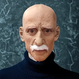 Ultra-Detailed Latex Realistic Old Man Full Head Mask with White Mustache, Paint-Ready Party Mask for Halloween Cosplay, Pranks