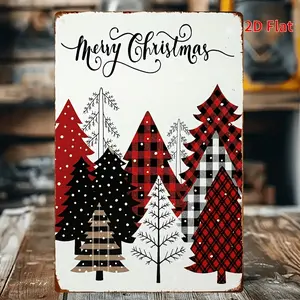 2D Flat, 1pc Vintage Christmas Metal Tin Sign - Red Plaid Christmas Trees with Snowflakes, Merry Christmas Script - Retro Holiday Decor for Kitchen, Home
