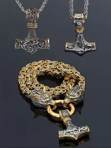 3pc Nordic Viking Vintage Hammer Pendant Necklace Wolf Head Set, Unisex Gothic Style Jewelry, Party Accessory, Gift for Valentine's Day, Cuban Link Design, Cuban Link Chain
