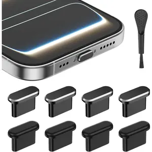 USB C Dust Plug, 4Pcs Aluminum+4Pcs Silicone Type C Dust Plug, USB C Plug Cover for iPhone 17 16 15 Series, Samsung Galaxy, Type C Charging Port Protector Cap with Cleaning Bush (Black)