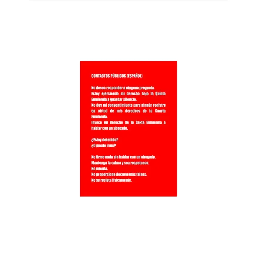 Red card/ wallet sized/laminated English/ Spanish