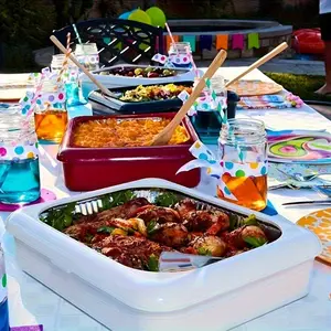 Durable Plastic Rectangular Food Containers for Picnics, Parties, and the Kitchen, Stackable 2-in-1 Insulated Salad and Grill Trays - White, Red, Black, Essential for Picnics | Rectangular Serving Trays | Insulated Food Containers, Picnic Essentials, Par