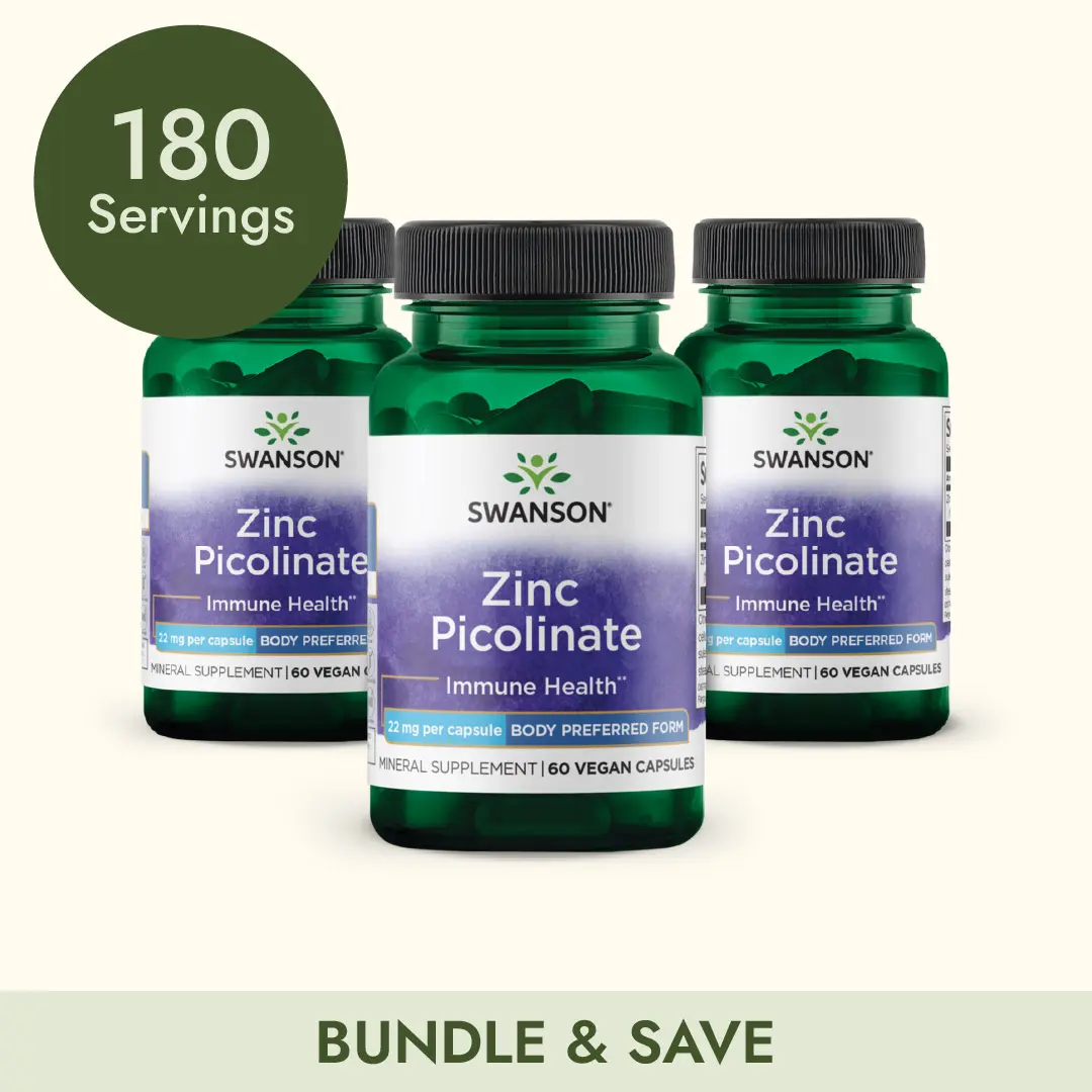 Swanson Zinc Picolinate 22 mg Body Preferred Form 180 Vegan Capsules for Immune Health & Collagen Production US Healthcare Supplement