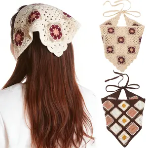 AWAYTR 2Pcs  Knitted Hair Scarves Crochet Bandana Head Kerchief Hair Scarf Tie Flowers Headwrap Headband Gift for Women and Girl