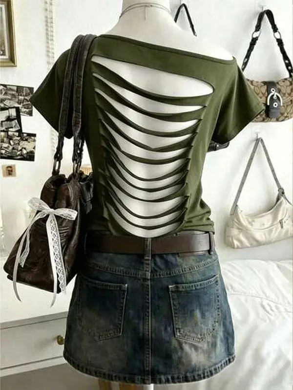 Lalippa Women's Solid Color Backless Cutout Design Short Sleeve Casual Asymmetric Neck T-Shirt