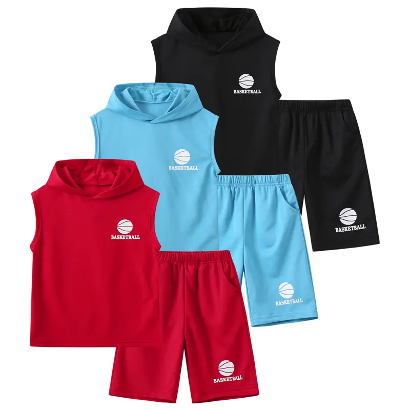 #SummerVibes 6-Piece Set: Boys' Spring/Summer Hooded Sleeveless Sports Top and Shorts Set-Casual, Comfortable, Summer Basketball Wear for Boys, Versatile and Breathable Sporty Style Clothes Activewear Athletic Tops Vests Jersey Set Suitable for ages 3-14