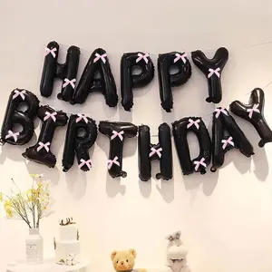 34count 16-Inch Happy Birthday Letter Set with Pink Bow Ribbon, Themed Birthday Party Decoration with Foil Balloons, Birthday, Creative Combination of Pink Bows And Black Happy Birthday Letters