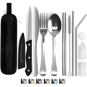 Portable Travel Silverware Set With Case, Includes 10 Pcs of Travel Utensils With Case, Stainless Steel Flatware Set For Camping, Lightweight (Silver)2026