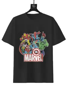 Marvel Avengers Team Retro Comic Vintage Graphic T-Shirt Black Crew Neck Short Sleeve Classic Design