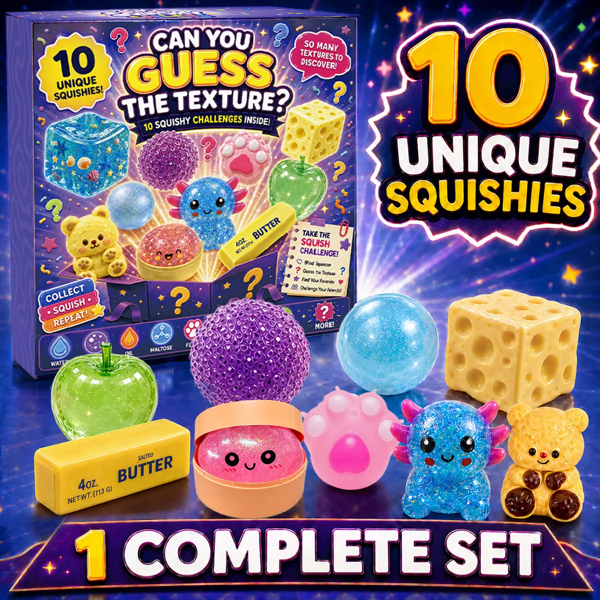 BEIREG 10-Piece Mixed-Texture Squishy Toy Variety Pack, Unisex Stress Relief Fidget Toys with Slow Rebound, Fast Rebound, Taba Feel & Multiple Bounces, 10 Styles, Guessing Game-Inclusive Gift-Ready Packaging