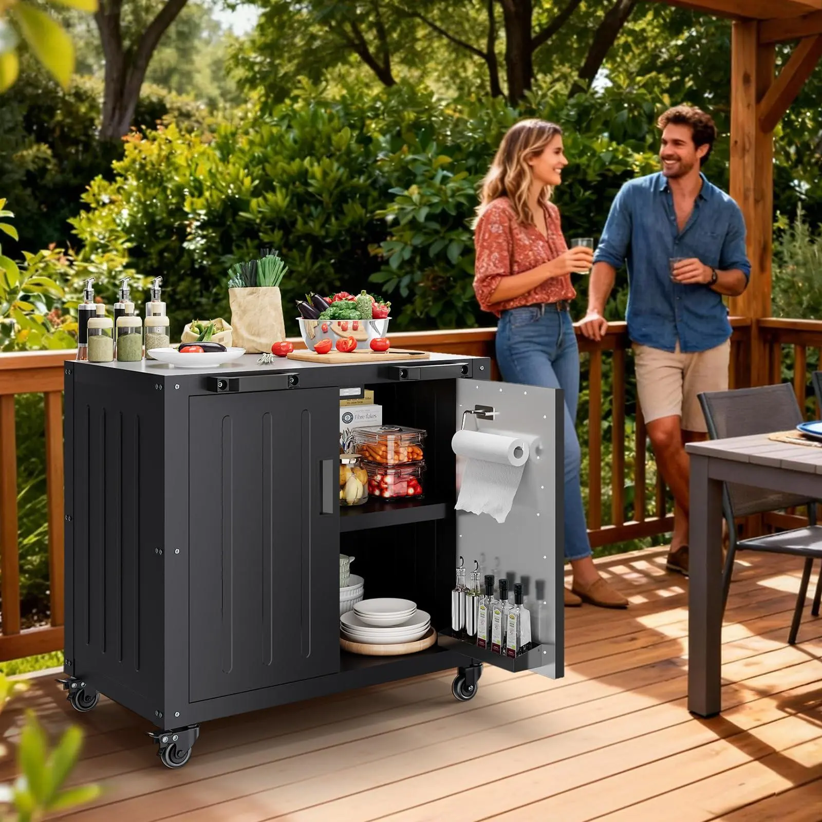 Grill Table, Outdoor Grill Cart with Storage Cabinet, Movable Outdoor BBQ Grilling Table, Made Entirely of Stainless Steel, Outdoor Grilling Station for Kitchen Prep, Lawn & Garden