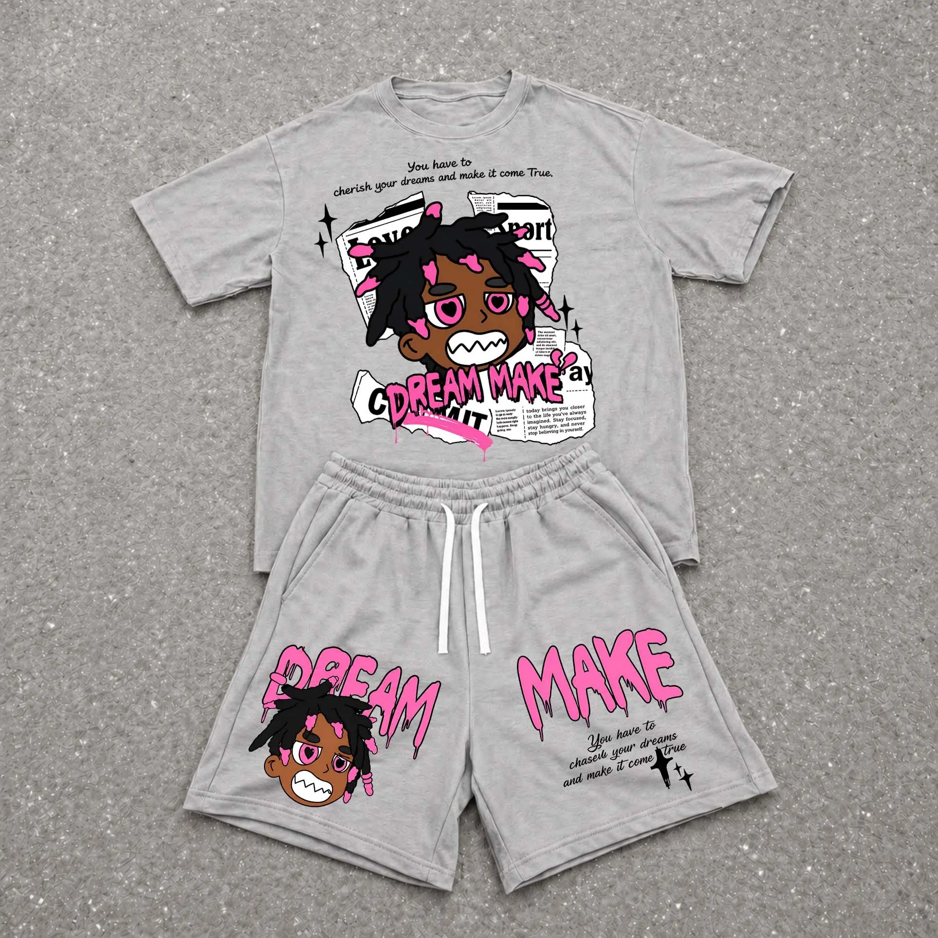 Men’s Summer 2 Piece Set, Steel Cartoon & Comic Hip-Hop Street Style Letter Print Short Sleeve T Shirt and Drawstring Shorts Matching Outfit, Lightweight Breathable Casual Set for Travel, Streetwear, Beach, Vacation, and Daily Wear
