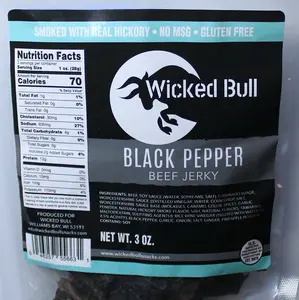 Wicked Bull Black Pepper Beef Jerky - 12g Protein, No MSG, Gluten Free, Smoked with Real Hickory, 3 oz Snack