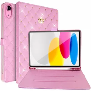 for iPad (A16) 11th 2025/iPad 10th 10.9 Inch 2022 with Pencil Holder, PU Leather Girly Cute Rhinestone Crown Shockproof Flip  Auto Wake/Sleep Kickstand Cover for iPad 10th/11th ()