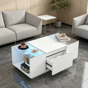 Modern LED Coffee Table for Living Room, High Gloss White Glass Center Table with 2 Drawers and Open Storage, White