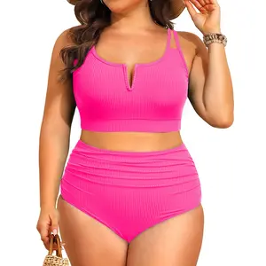 Yonique Women Plus Size High Waisted Bikini - Ribbed Two Piece Swimsuit Tummy Control Bathing Suit V-Wired 2026 Swimwear  SwimWeek  summervibes