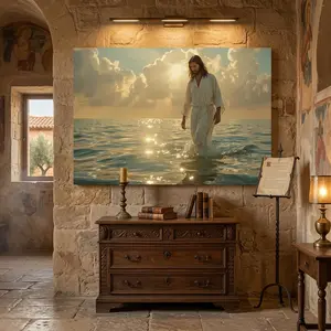 Jesus Walking on Water Canvas Painting Poster Spiritual Wall Decor with Divine Light Modern Christian Art Ready to Hang Religious Ornaments Gift for Home