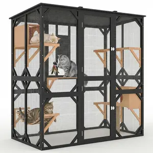 Large Walk-In Window Catio Outdoor, 70'' Wooden Cat Enclosure for Mulitiple Cats with Waterproof Roof, Feral Cat Shelter with Platforms, Hammock, Scratching Post and Resting Box