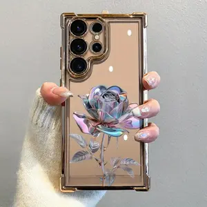 Metal Rose Pattern Luxury Fashionable Ins Four Corner Airbag Anti-drop,Slip Phone Cases for Samsung Galaxy S25 S24 S23 S22 FE Ultra EDGE 4G 5G Matte Back Shockproof Cover,To Family,Boy,Girl,Friends,Man,Women As A Birthday Gift