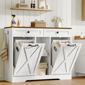 HOOBRO Tilt Out Trash Can Cabinet with 2 Drawers and Open Shelving, Farmhouse Double 23 Gallon Laundry Hamper Cabinet, Kitchen,  Hidden Trash Can for Bathroom, White and Walnut