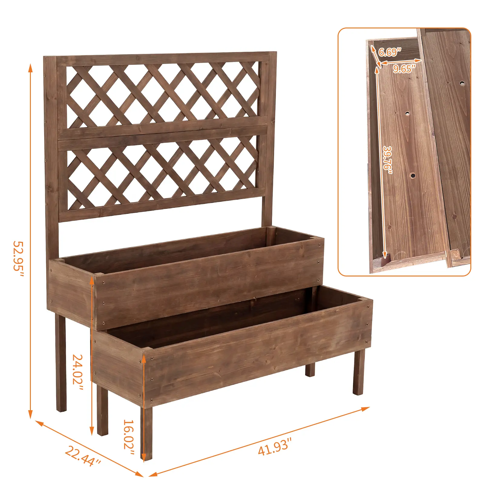 Brown 2-Tier Raised Wooden Garden Bed with Trellis - Elevated Planter Box with Legs, Drainage Holes - Ergonomic Vertical Climbing Plant Stand for Outdoor Patio, Backyard - Ideal for Herbs