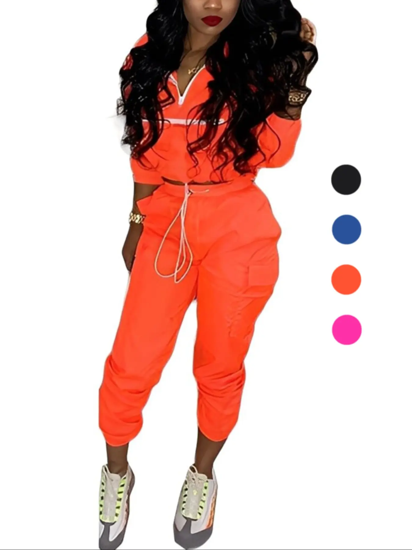 Women's Solid Basic Two-piece Set, Matching Outfits Set, Casual Half Zip Collared Funnel Neck Loose Fit Jacket & Drawstring Jogger Cargo Pants Set, Ladies Spring & Fall Fabric Clothes