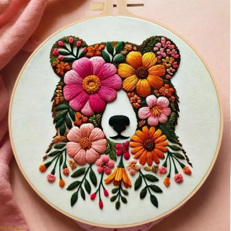 Handmade Embroidered Floral Handicraft Kit, DIY Needlework Materials with English Stitch Guide for Beginner Adults, Chic Embroidery Handkerchief Fashion Accessory for Home Art Projects, Embroidered Floral Design