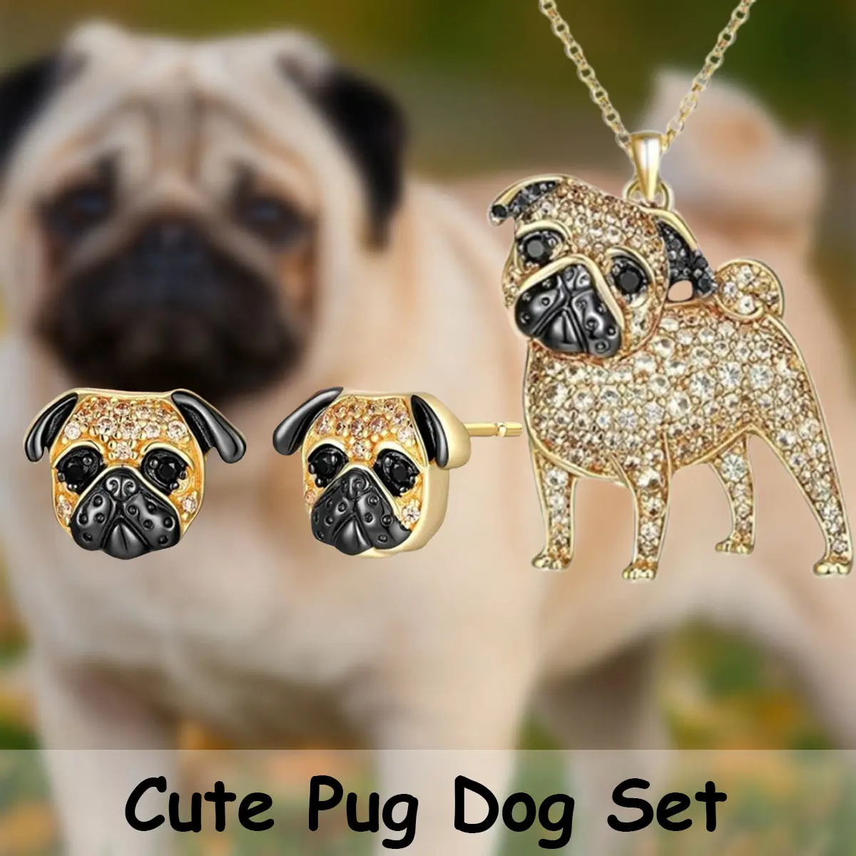 Women's 3-Piece Golden Pug Alloy Jewelry Set - Necklace, Earrings, Cute Dog Costume Accessory for Birthday, Christmas Gifts for Mom, Friend