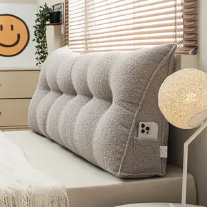 Teddy Fleece Triangular Headboard Pillow Bolster Back Support Cushion Bed Wedge Pillow with Side Pockets and Removable Washable Cover