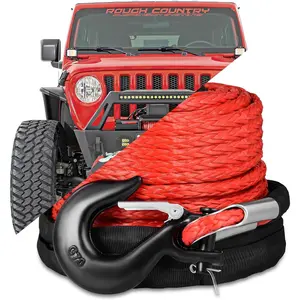 3/8" x 92ft Synthetic Winch Rope Kit 26500lbs with Protective Sleeve & Forged Hook for 4WD Off Road Vehicle Truck ATV UTV SUV Red