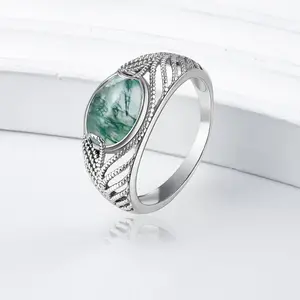 S925 Mother's Day Natural Moss Agate Ring with Hollow-out Design, Elegant and Stylish Ring Jewelry for Women, Luxurious Jewelry Perfect Gift for Lover, Birthday Christmas Gift