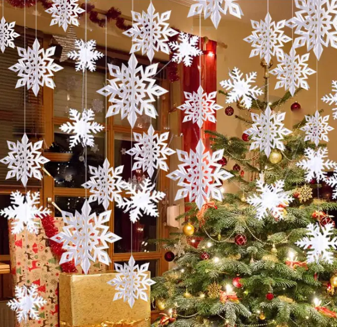 Winter Christmas Hanging Snowflake Decorations, 12PCS Snowflakes Garland & 12PCS 3D Glittery Large White Snowflake for Christmas Winter Wonderland Holiday New Year Party Home Decorations