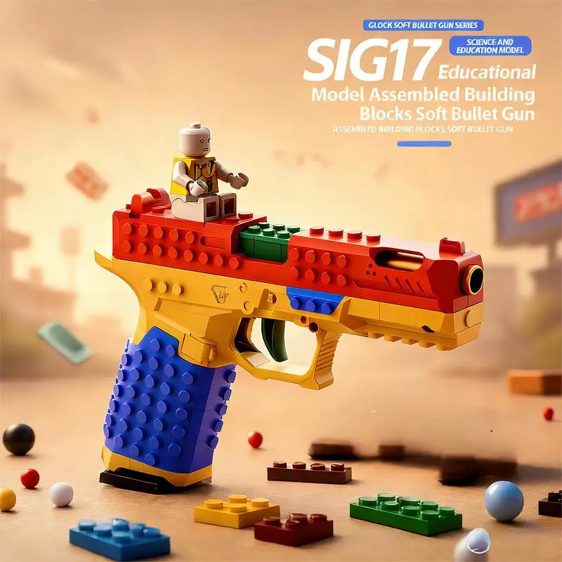 Assembled SIG17 Multifunction Handheld 15cm Height Soft Bullet Automatic Building Blocks Gun - Compact Outdoor Team Play Toy for Teamwork, Strategy, Team Events, Ideal Festival Gift for Home & Festive Party Supplies