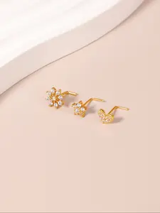 3-Piece Set of 14k Gold-Plated Flower-Shaped Nose Studs for Women, Aaa Sparkling Cubic Zirconia Heart & Flower Nose Studs with Ball Pins, Body Piercing Jewelry