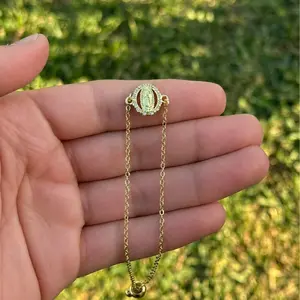 Virgin Mary Pendant Copper Bracelet with Zircon Adjustable Sliding Clasp Religious Gold Jewelry for Women Elegant Faith Symbol