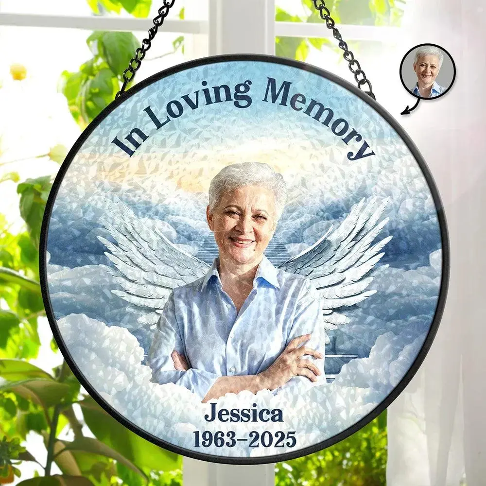 [Made in US] Custom Photo In Loving Memory Memorial Heaven - Personalized Stained Glass Window Hanging Suncatcher