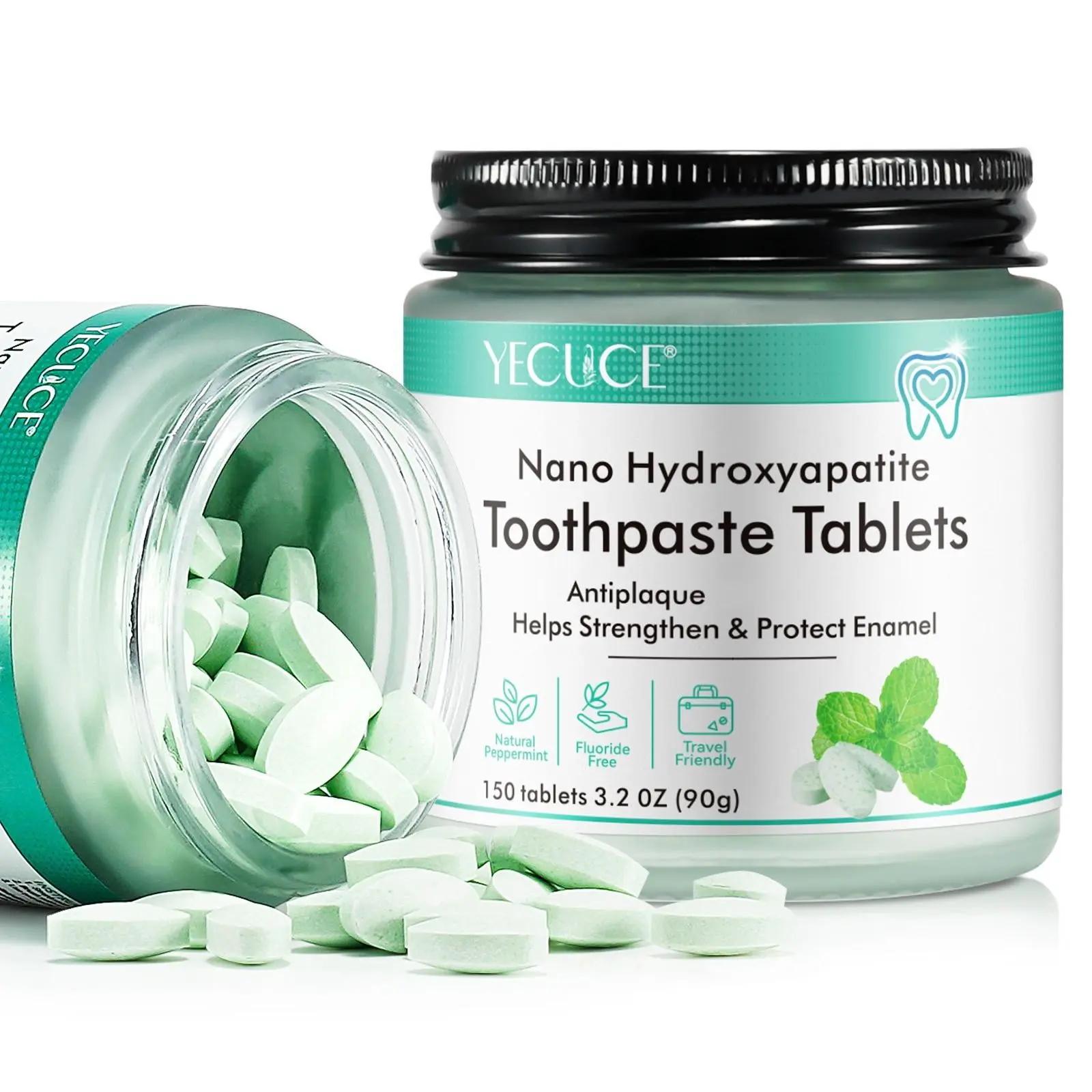 Yecuce Nano Hydroxyapatite Solid Toothpaste Tablets, Mint Flavor, Fluoride-Free, Sulfate-Free, Fresh Breath, Ideal for Travel and Daily Use
