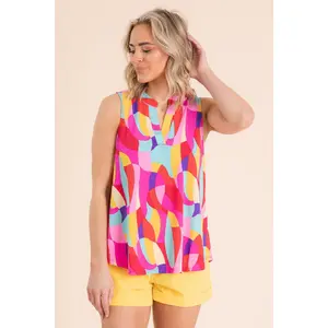 Fuchsia Abstract V-Neck Wrinkle Free Lizzy Top