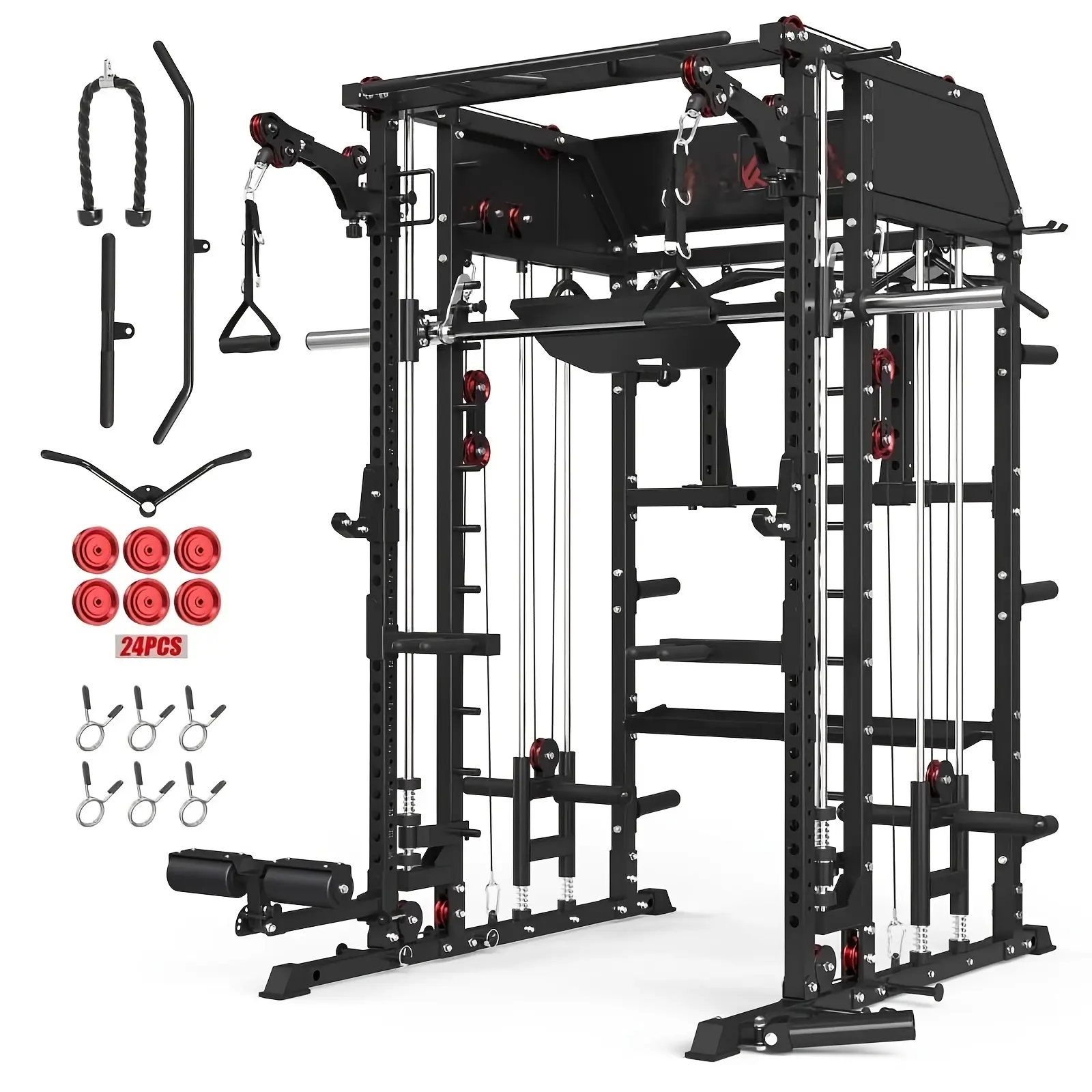 Smith Machine Home Gym, All-In-One Power Rack with Smith Cage And Functional Trainer, Squat Rack with 2:1 Dual Pulley Cable System And Extended Forward Reach, Vertical Leg Press