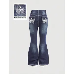 Tween Girl Fashion Y2K Low Waist Vintage Rhinestone Butterfly Embroidered Denim Flare Leg Jeans, Fall Winter Clothes Back To School