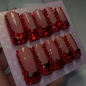 Medium length Red Rhinestone Press On Nails Nail Art