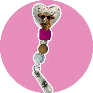 Highland Cow/ w Glasses Hearts  Badge Reel, Cute Retractable  for  Student Teacher Office