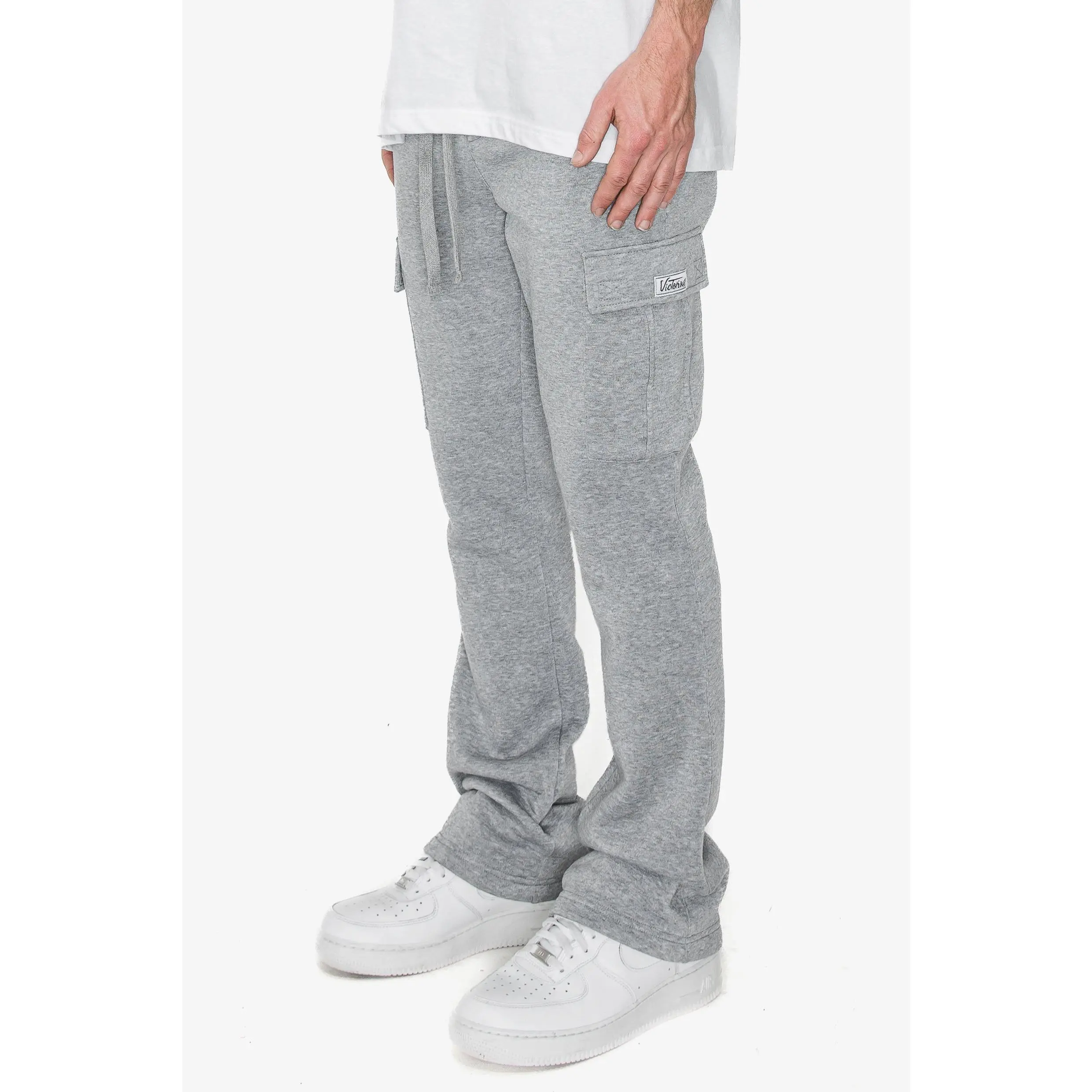 VICTORIOUS Men's Flared Cargo Fleece Pants - Cargo Pockets, Elastic Waist, Plain Beige, Versatile Design for Everyday Casual Wear, Casual Street Pants
