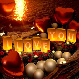 I Love You Light Up Letters Set with LED Tea Lights Rose Petals & Pearlescent Foil Balloons for Romantic Anniversary & Valentine's Day Decorations