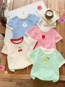 4-piece set of girls' round neck printed short sleeved base top, Printed Shirt, Graphic tee, slim fitting, comfortable and versatile, casual daily wear, spring, summer, machine washable and dry cleanable, can be worn inside or outside, girls' clothing