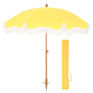 PHI VILLA 7ft Patio Umbrellas with Fringe, Outdoor Tilt Beach Umbrella Portable for Sand, UPF 50+ Canopy with 8 High Wind Proof Fiberglass Ribs and Carry Bag, Sunset Yellow