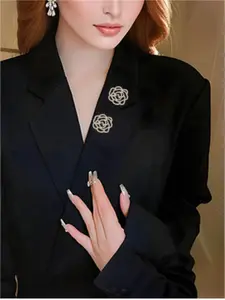 Elegant Rhinestone Embellished Hollow Out Camellia Brooch Pin Set, High-End Luxurious Accessory for Stylish