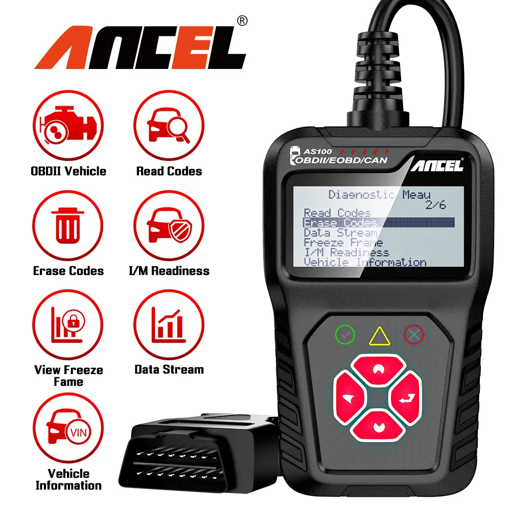 Ancel AS100 OBD2 Car Diagnostic Tool, Multilingual Code Reader with Emission Check, Automotive Engine Scanner for Erasing Codes, Live Data, Freeze Frame & Vehicle Info, Erase Codes