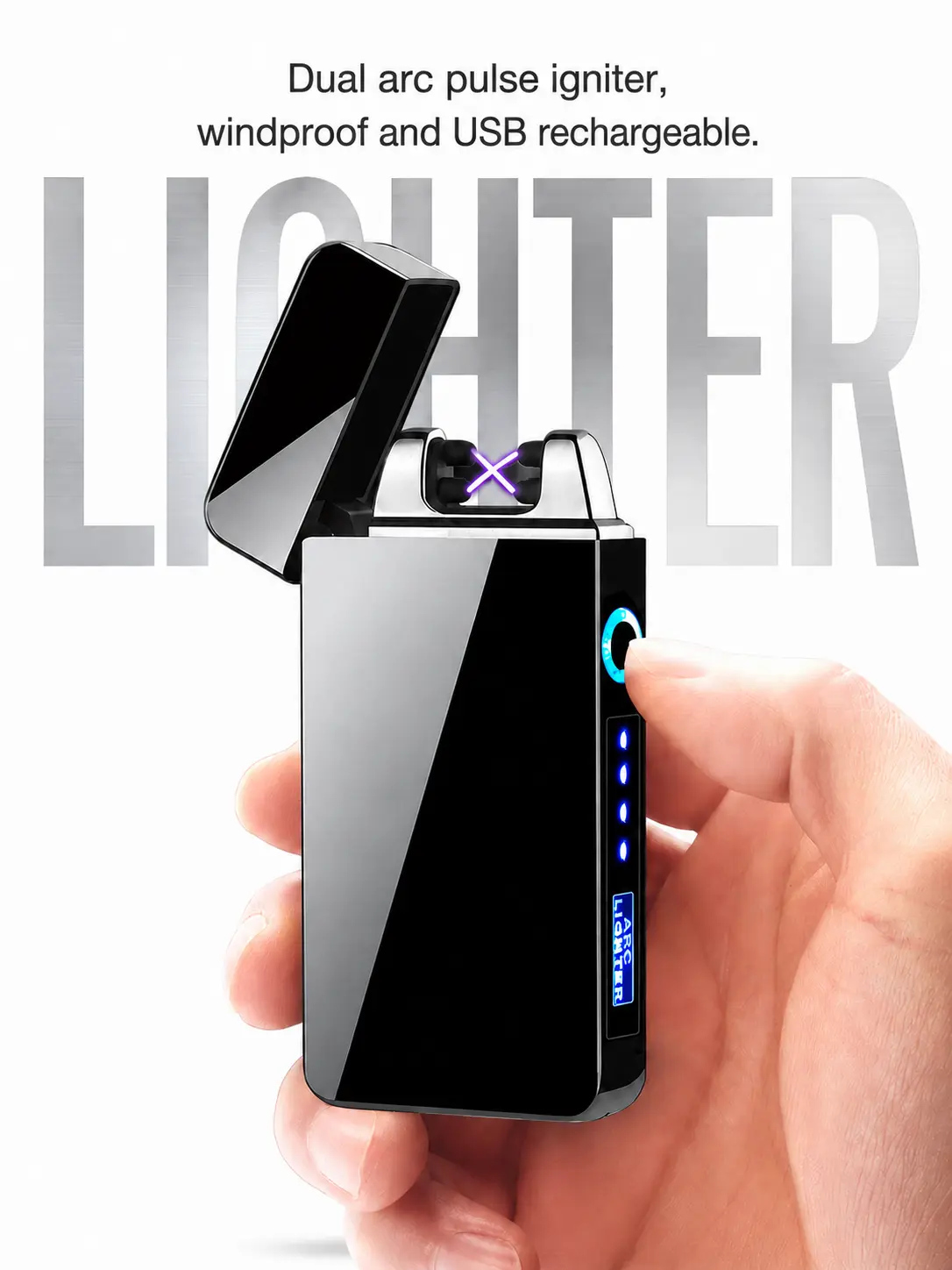 Compact Dual-Arc Plasma Lighter, Rechargeable Windproof Flameless Electric Lighter with LED Battery Indicator and Case, Suitable for Outdoor Camping & Hiking, Accessories